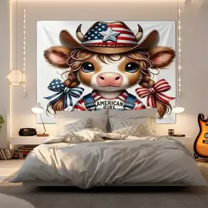 American Patriotic Highland Cow Tapestry, US Flag Color Scheme Design, Cute Western Style Wall Hanging, Perfect for USA 250th Anniversary Themed Bedroom & Living Room Decor