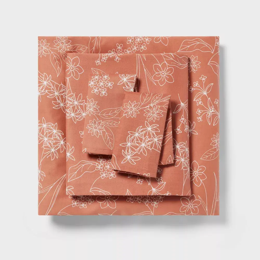 Full Easy Care Cotton Blend Sateen Sheet Set Rust Floral - Room Essentials: 225 Thread Count Includes 2 Pillowcases & Fitted Sheet