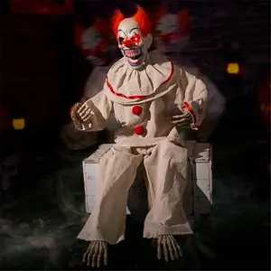 Halloween Animatronic Sitting Clown, Creepy Animated Halloween Decoration with Sound Activated, Light Up Eyes, Moving Horror Prop for Haunted House, Scary Clown Decor for Indoor Outdoor Halloween Party, Yard, & Haunted Events, Spooky House Decor