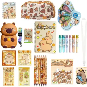 Capybara School Supplies Set Cute Stationery Set Kawaii  to School A7/A5 Spiral Notebook,Pencil Case,6 Erasable Gel Pens,40 stickers,Card Holder  Easter Birthday Gifts for