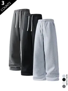 3-pack men’s straight-leg loose wide-leg pants; stylish street-style versatile casual drawstring joggers; men’s street-style pants with a relaxed straight fit; knit versatile sweatpants suitable for spring, summer, and autumn.