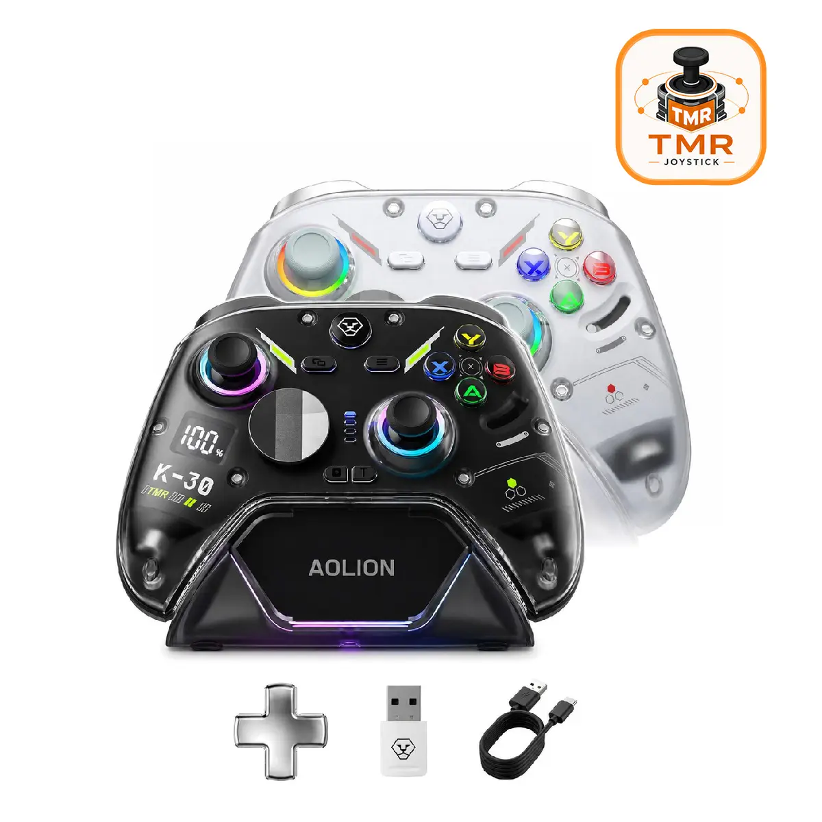 AOLION K30 Wireless Game Controller (Not for Xbox/PS) -Charging Dock Bundle- TMR Anti-Drift Joysticks, Switchable ABXY Layout, Dual Trigger Modes, Adjustable-Height Thumbsticks, Compatible with Switch, PC, iPad & Android Button Cable