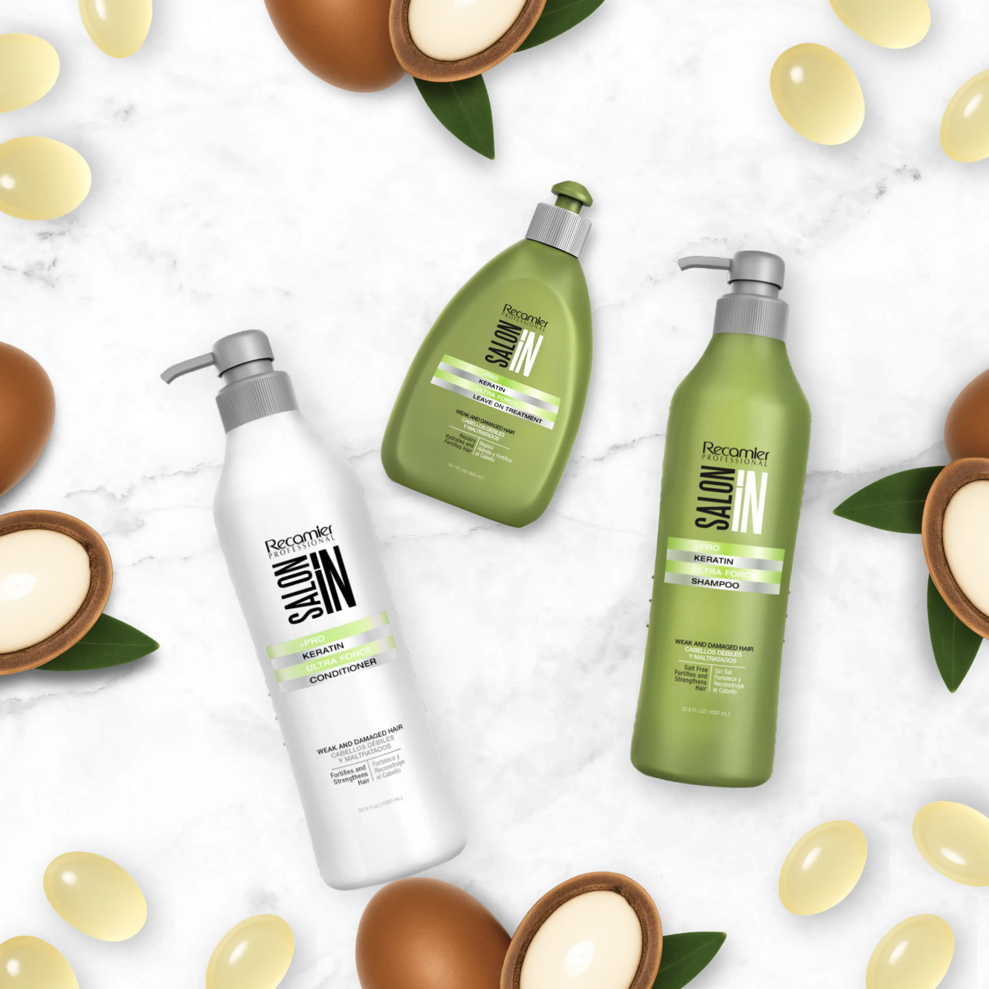 Keratin Ultra Force 3-Piece Set – Shampoo + Conditioner 33.8 fl oz each + Leave On Treatment 10.1 fl oz | Strength & Repair with Keratin & Argan Oil | Salt-Free, Cruelty-Free | For Damaged or Weak Hair