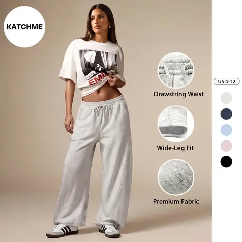 Katch Me Chic Women's Casual Mid-Rise Textured Seam Wide Leg Sweatpants, Basic Drawstring Waist Cotton Trousers, Versatile Baggy Streetwear Outfits, Cozy Women's Bottom