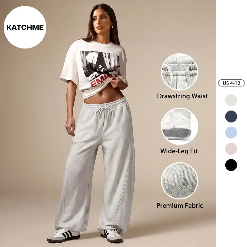 Katch Me Chic Women's Casual Mid-Rise Textured Seam Wide Leg Sweatpants, Basic Drawstring Waist Cotton Trousers, Versatile Baggy Streetwear Outfits, Cozy Women's Bottom