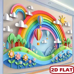 Rainbow Design Polyester Banner, Includes Hot Air Balloon & Sun, Perfect for Party Photography Holiday Activities Colorful Background