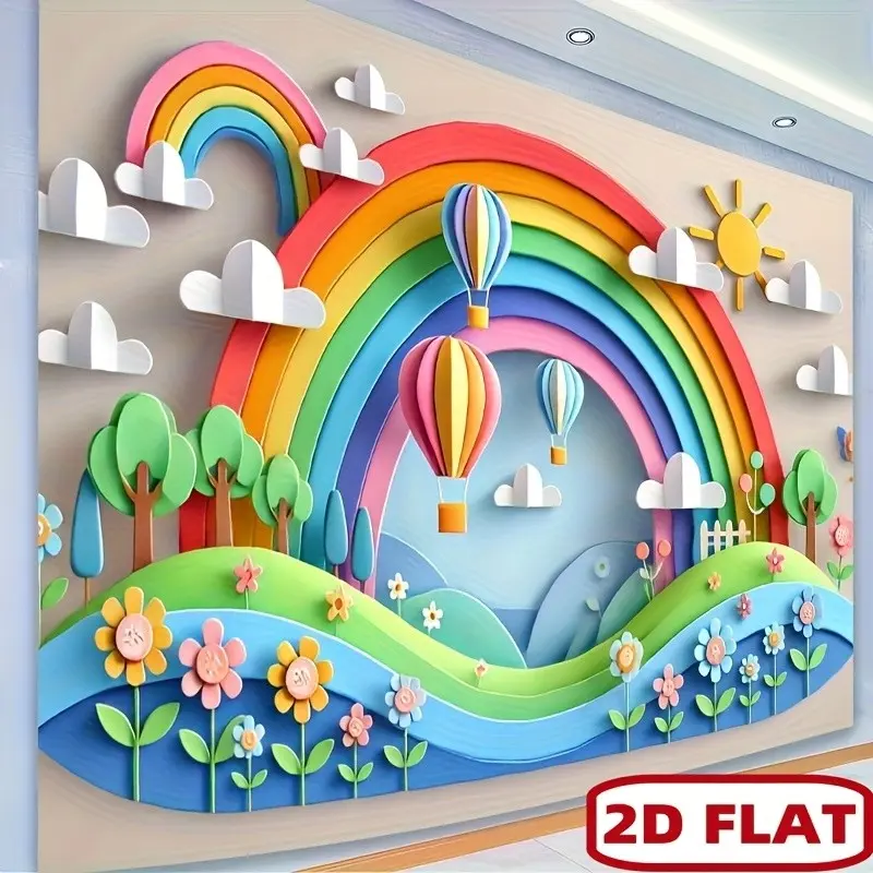 Rainbow Design Polyester Banner, Includes Hot Air Balloon & Sun, Perfect for Party Photography Holiday Activities Colorful Background