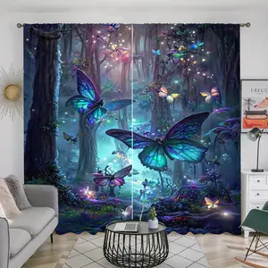 Butterfly Forest Pattern Door Curtain, 2 Counts/set Digital Printed Curtain, Easy To Install Pole Pockets, Home Decor for Bedroom, Living Room, Kitchen, Study, Home Decoration Curtain