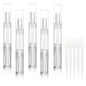 5 pack 5ml Transparent Twist Pen for Cuticle Oil Applicator, Empty Nail Oil Pen with Brush Tip, Eyelash Growth Liquid Tube, Cosmetic Lip Gloss Container (5x)