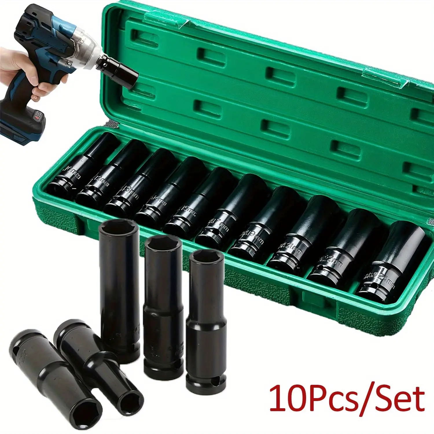 10 pieces/1 set 10-24mm electric wrench socket set - extended hexagonal long socket head Deep Socket automotive maintenance hardware