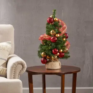 RED GOLD DECORATION BURLAP TREE WITH WARM WHITE LED LIGHTS BATTERY OPERATED