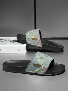 Men's Vintage Denim Slides, Frayed Star Print Flat Sandals, Casual Open-Toe Non-Slip Slippers, Comfortable Summer Footwear for Beach, Shower & Daily Wear, Blue Black