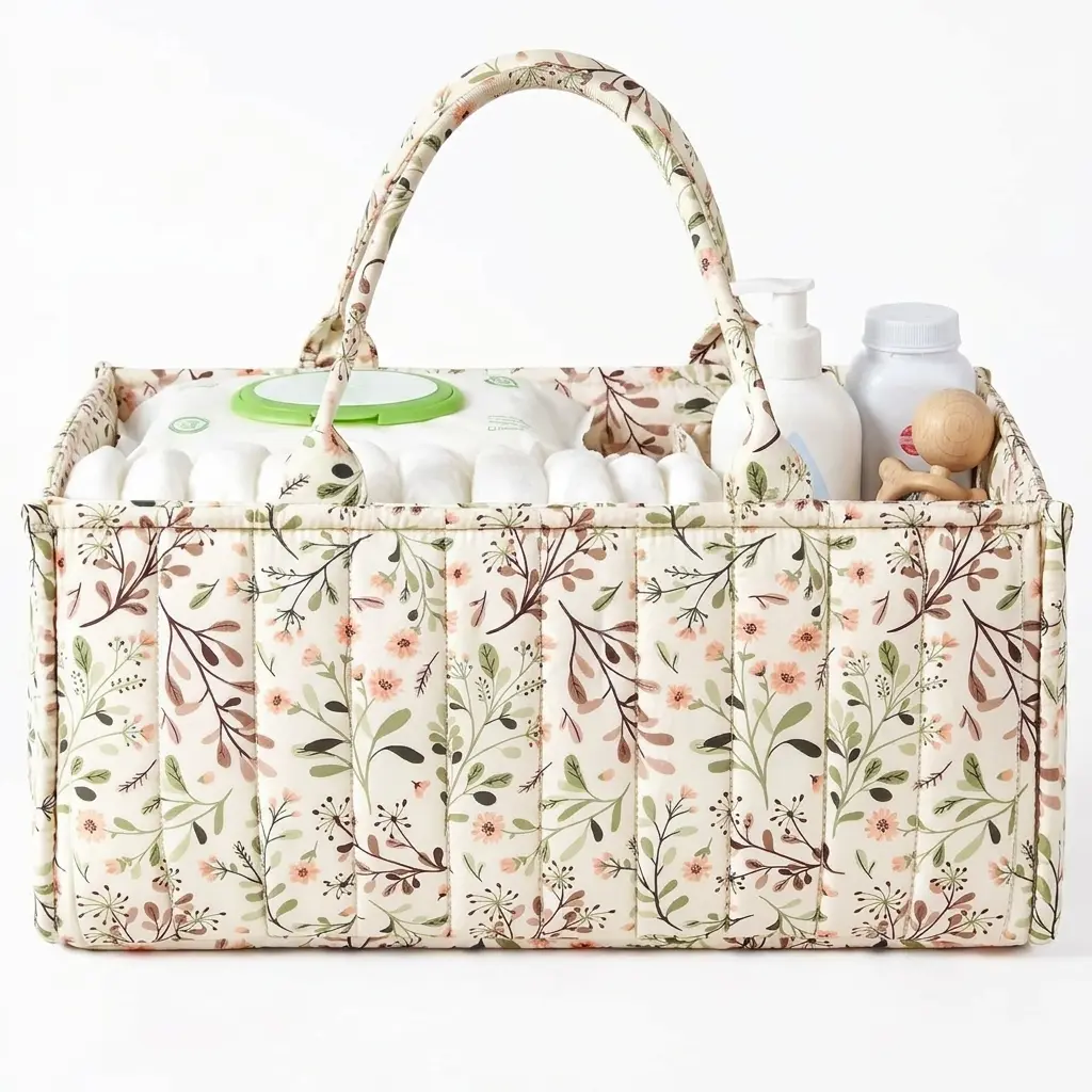 Woodland Pattern Multi-Pocket Diaper Caddy Diaper Bag - Stylish Nursery Look Fabric Bag, Portable Baby Shower Gift, Newborn Essentials Organizer for Travel & Home Use, Storage Caddy