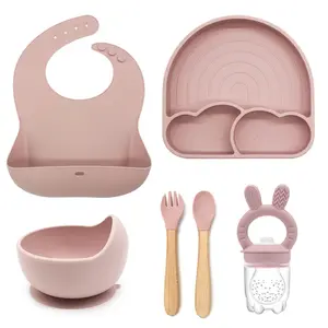 6pcs Infant Silicone Utensil Set, Portable Bib, Bowl, Rainbow Plate, Birch Wood Fork Spoon, Rabbit Style Fruit Veggie Teether, Silicone Feeding Utensils, Silicone Utensils Set