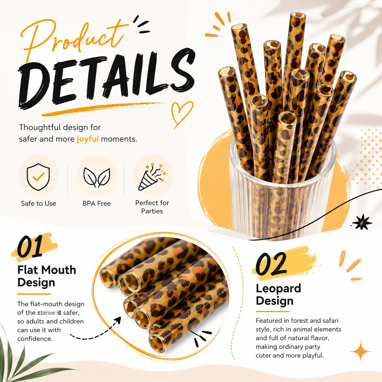 Reusable leopard print straws with a cleaning brush included. Perfect for cold drinks, tumblers, parties and everyday use.