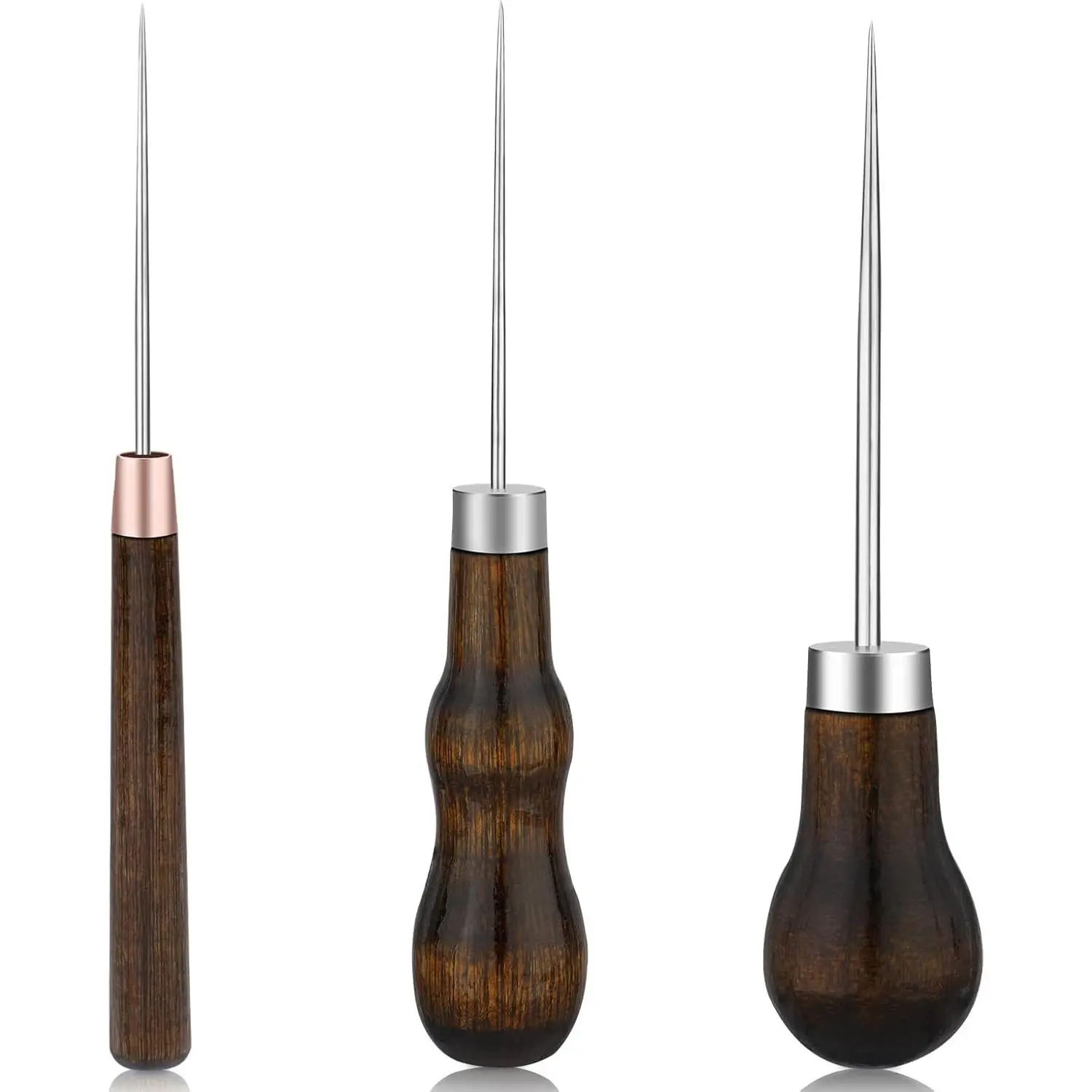 3 Pack Leather Scratch Awl Tool, Awl Tool Sewing with Gourd Shape Wooden Handle for Stitching Punching Sewing, Scratch Awl Tool Supplies for DIY Leather Sewing Punching Craft Repair