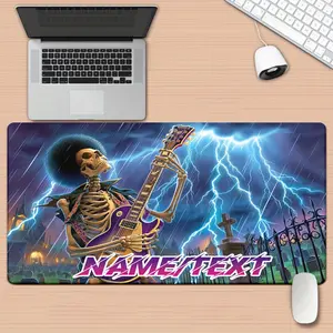 Customizable XXL Skeleton Guitarist Mouse Pad - Vibrant Purple & Blue Design with Lightning Strikes, Durable Rubber Desk Mat for Gamers, Personalized Name Option, Perfect Gift for Family & Friends, Gaming Mouse Pad
