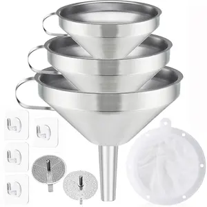 Hanging Metal Kitchen Funnel Set with Handles - 3-Pack Stainless Steel Cooking Funnels, 2 Strainers, 1 Nylon Filter, 4 Hooks - Food Grade, Rustproof, Easy to Hang for Liquid Transfer, Baking