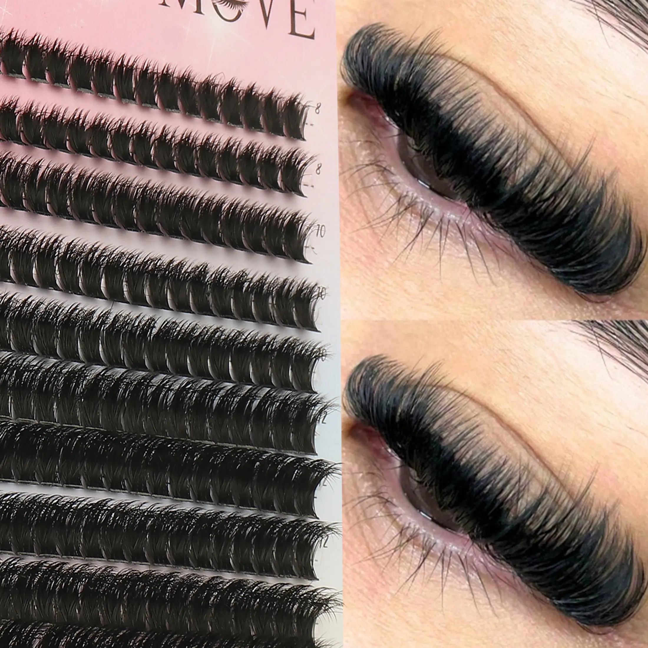 280-piece 80D eyelash box set: soft, voluminous lash clusters; Russian curl; mixed volume eyelash extension kit; individual single-cluster extensions for a dense, long, curled effect; curl types C/D/DD; lengths 8–18 mm; suitable for makeup and wedding/bri