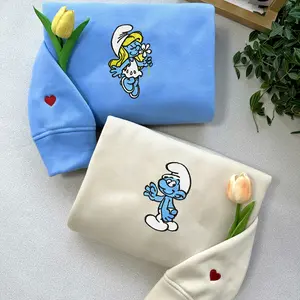 The Smurfs Couple Embroidered Sweatshirt, Smurfette and Clumsy Smurf Couple Sweatshirt Hoodie, Matching Couple Sweatshirt