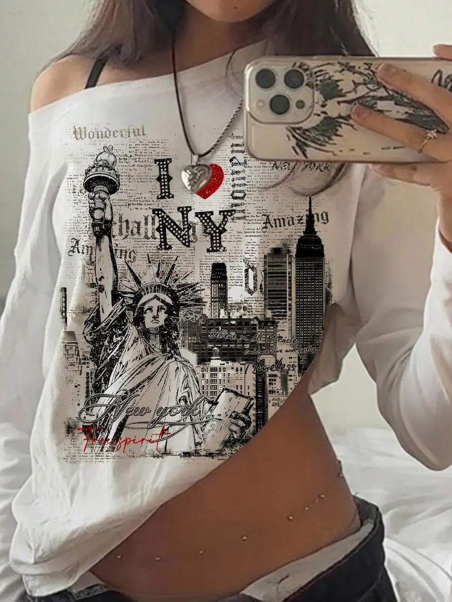 SHEIN EZwear Women's Oversized Asymmetrical Long Sleeve T-Shirt,Vintage Statue Of Liberty Newspaper Print,Black And White,Summer,Casual,Streetwear,Vacation