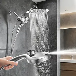 High  Shower Heads,Rain Shower  with Handheld ,10  Modeswith Extension Arm with Long Hose with Solid Brass 3-Way Diverter Built-in  Docking, 12 Inch