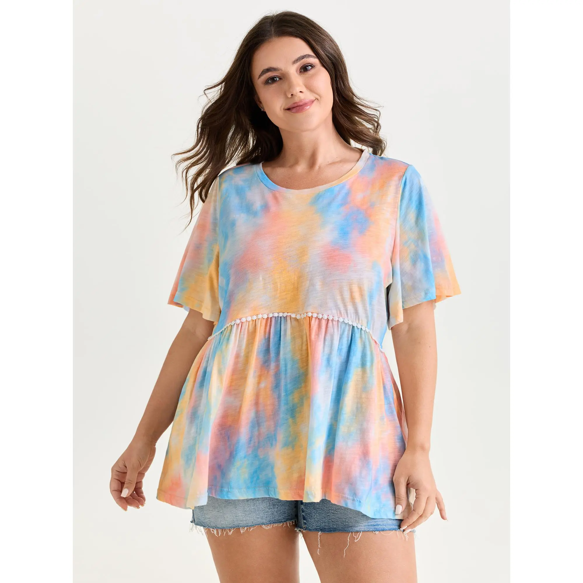 BloomChic Plus-Size Colorful Tie-Dye Blouse, Casual 100% Cotton with Ruffle Short Sleeves and Lace Trim, Shortsleeve, Multicolor, Breathable Cotton Shirt, Comfy Casual, Shirts, Tops