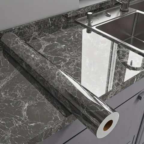 Self Adhesive Marble Grain Wallpaper, Glossy Tear-and-Stick Sheet, Heat-Resistant Waterproof Marble Backsplash Wallpaper for Kitchen Walls, Countertop Covers, Self Adhesive Wallpaper