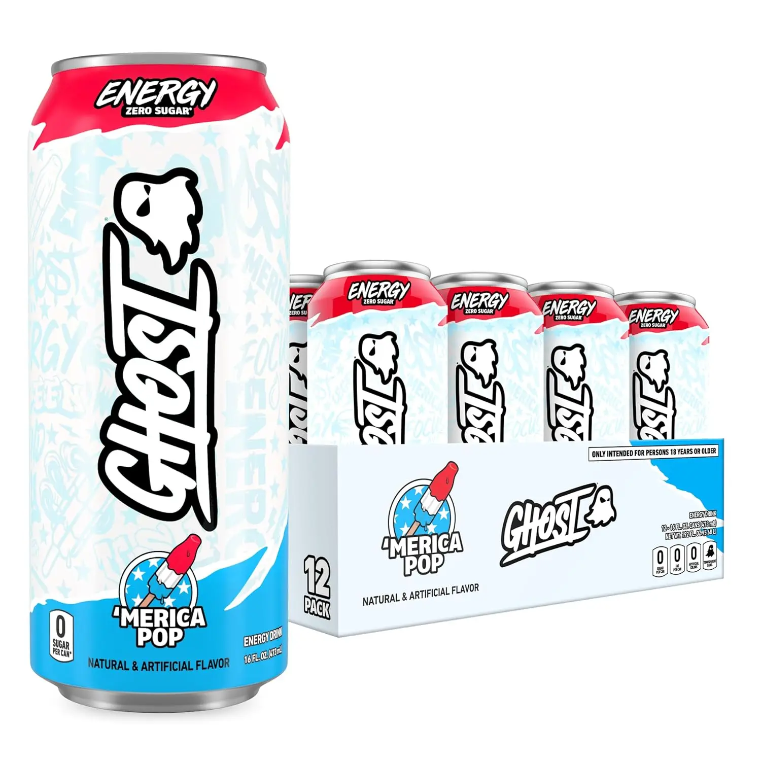 GHOST Energy Drink Beverage - 12-Pack 16oz 'Merica Pop Cans - 200mg Natural Caffeine, L-Carnitine, Taurine - No Artificial Colors, Gluten-Free, Vegan - Boosts Energy & Focus