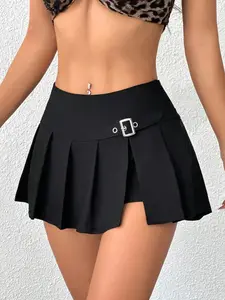 Women's Solid Color Buckle Decor Short Skirt, Elegant Fashion Casual Skirt for Daily Outdoor Wear, Ladies Bottoms for All Seasons