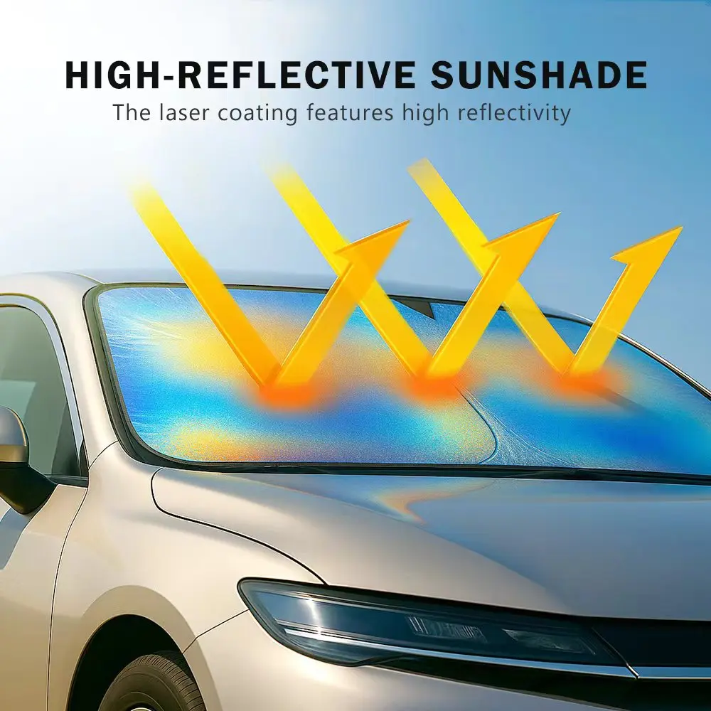 Laser Windshield Sunshade for Car Sun Protection - 57x29.5 in Reflector, Buckle Strap, Easy Installation & Removal, Effective Sun Heat Reduction, Fits Sedans/SUVs/MPV
