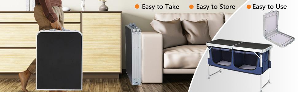 4 Ft Folding Table, Aluminum Camping Table, Picnic Table with Storage, Adjustable Height for Outdoor Beach BBQ Backyards Travel Party (White ＆ Blue)