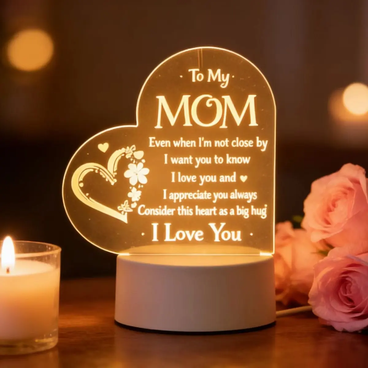 Engraved Night Light for Mom, Illuminated Night Light, Perfect Gift for Mother's Day Christmas Valentine's Day, USB Powered LED Lamp with Clear Text and Beautiful Pattern, LED Home Decor, Decorative LED Light, Led Lighting Light