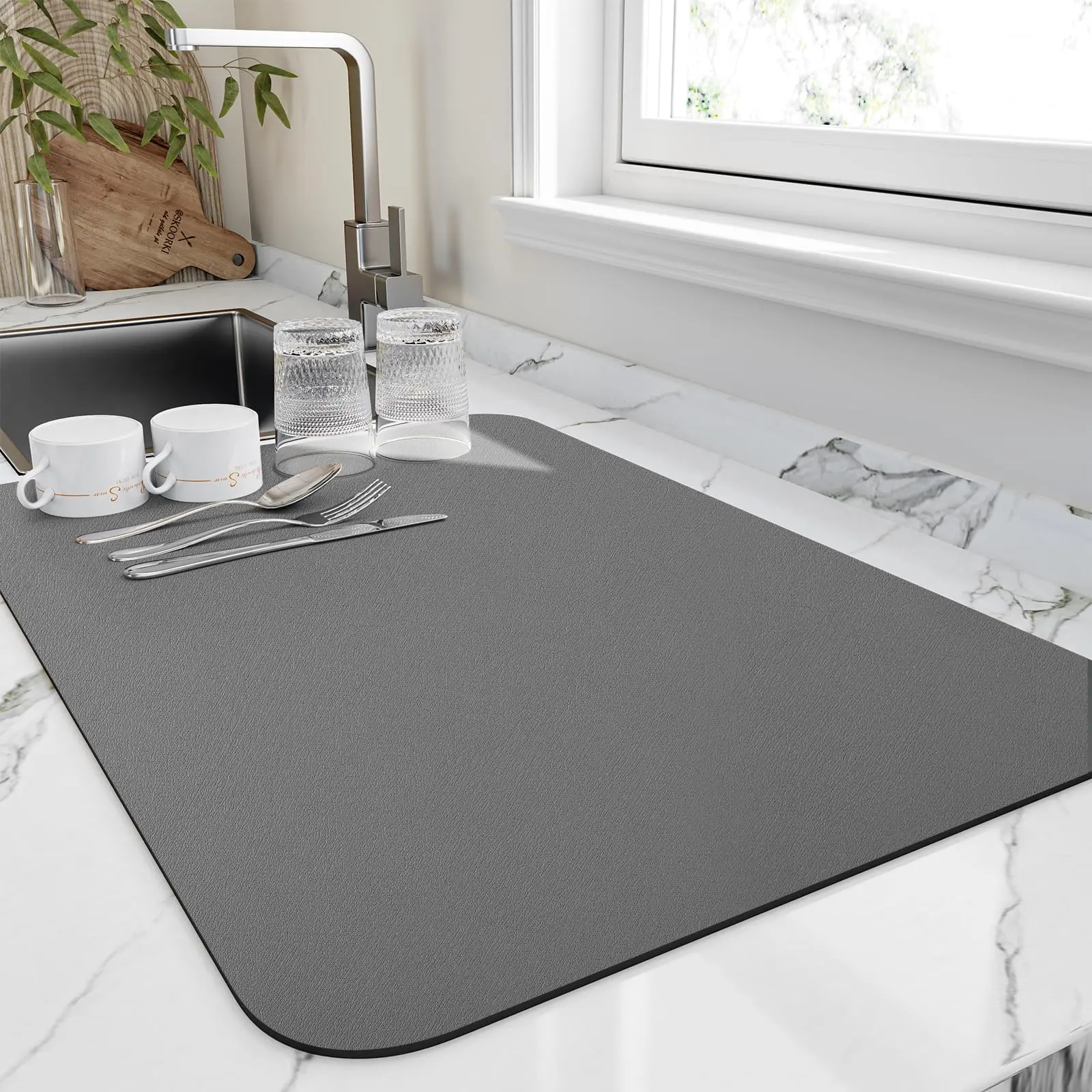 Dark Grey Rectangle Anti-Slip Scratch-Resistant Kitchen Counter Dish Drying Mat - 16x18in,18x24in Multi-Size, Super Absorbent, Heat-Safe, Waterproof, Easy-to-Clean, Stain-Hiding, Antispill, Reusable Placemats & Coasters for Bathrooms, Bars, Anti-Slip Scra