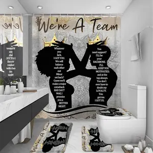 4 Pcs Black King Queen Shower Curtain Set, Inspirational Quotes Black Man Women Bathroom Decor Sets with Shower Curtain and Rugs Toilet Lid Cover Bath Mat, Bathroom Decoration Accessories, Romantic Waterproof Fabric Shower Curtains