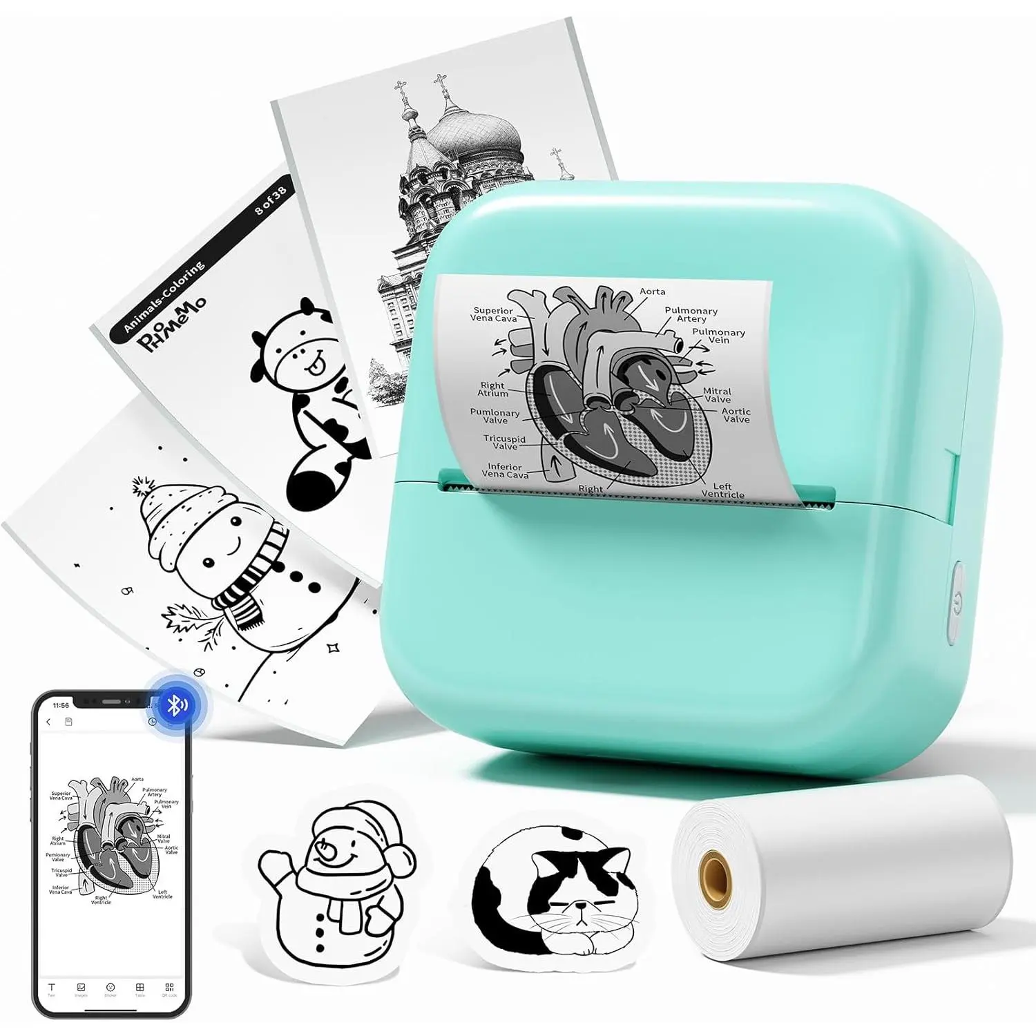 M02X Modern Inkless Thermal Mini Printer - Portable Print Pod Maker with 1 Printer, 1 Roll Paper, 50mm-53mm Width, 203 DPI High Detail, App Control for iOS & Android, Ideal for Study Notes, Memories (Students)