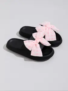 Women's Plaid Pattern Bowknot Design Slides, Casual Comfortable Non-slip Slippers for Indoor Outdoor Wear, Summer Beach Slippers, Footwear