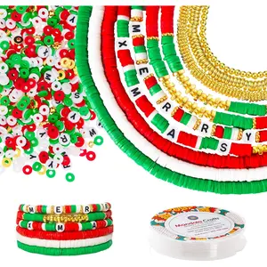 Merry Christmas Heishi Beads for Jewelry Making - 5735 Xmas Polymer Clay Beads for Bracelets Making - Flat Beads Disc Beads 6mm Round Disk Spacer Beads