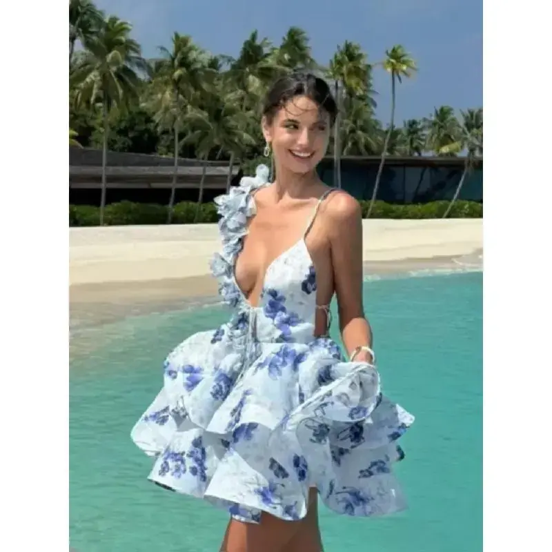 Elegant 3D flower splicing lace up women sling dress fashion backless sleepveless print fold hem mini dresses Lady new beach robe Summer Casual prom dress Formal Womenswear Elegant 3D flower splicing lace up women sling dress fashion backless sleepveless print fold hem mini dresses Lady new beach robe Summer Casual prom dress Formal Womenswear