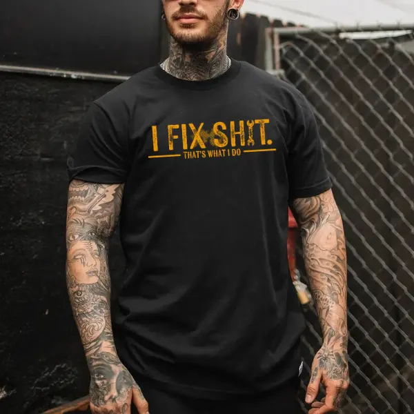 Lady's Traditional Short-Sleeve Classic Cotton Round Neck Tee - Mechanic Funny Work Top, Checked Fabric Handyman Shirt with "I Fix Sh*t That’s What I Do" Slogan