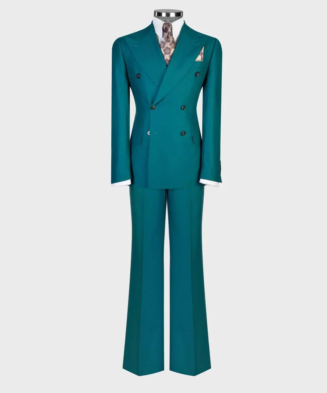 Men's Teal Slim Fit Double-Breasted 6x2 Button Jacket & Flared Trousers Suit, 100% Super 200S Wool Fabric, Elegant, Menswear, Formal