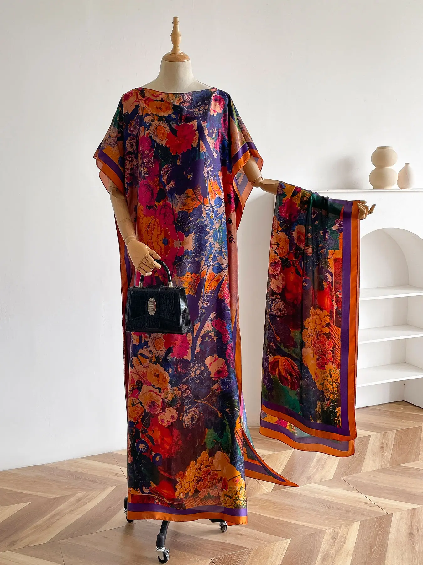 Women's Bohemian Minimalist Print Shawl, Long Abaya Robe with Scarf, Anti-Mosquito Spring Summer Fashion, Dustproof for Dry Regions