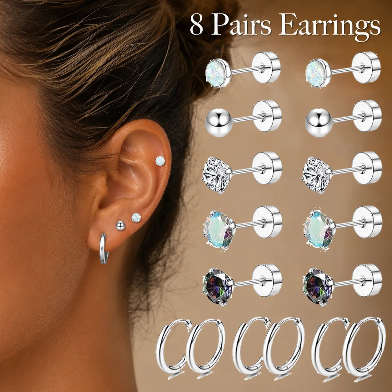 8 Pairs 20G Hypoallergenic Surgical Steel Stud Earrings Set for Women Men Small Opal Ball CZ Surgical Steel Flat Back Earrings Cartilage Earrings Hoop Stud