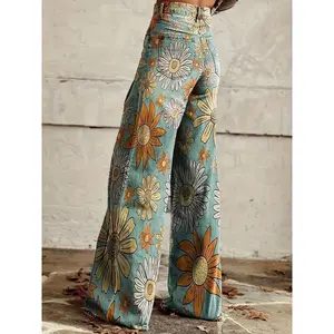 Women'S Retro Classic Daisy Pattern High Waist Washed Jeans, Casual Washed Denim ed Fabric Denim Pants, Fashion Spring Summer Thin Jeans