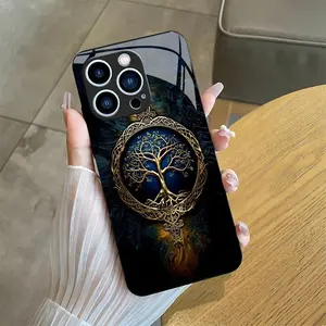 Suitable for [iPhone 14 Pro Max] high-end phone case🤩， high-end patterns，blue and gold tree of life pattern new black phone，drop-resistant and fingerprint-proof YM99