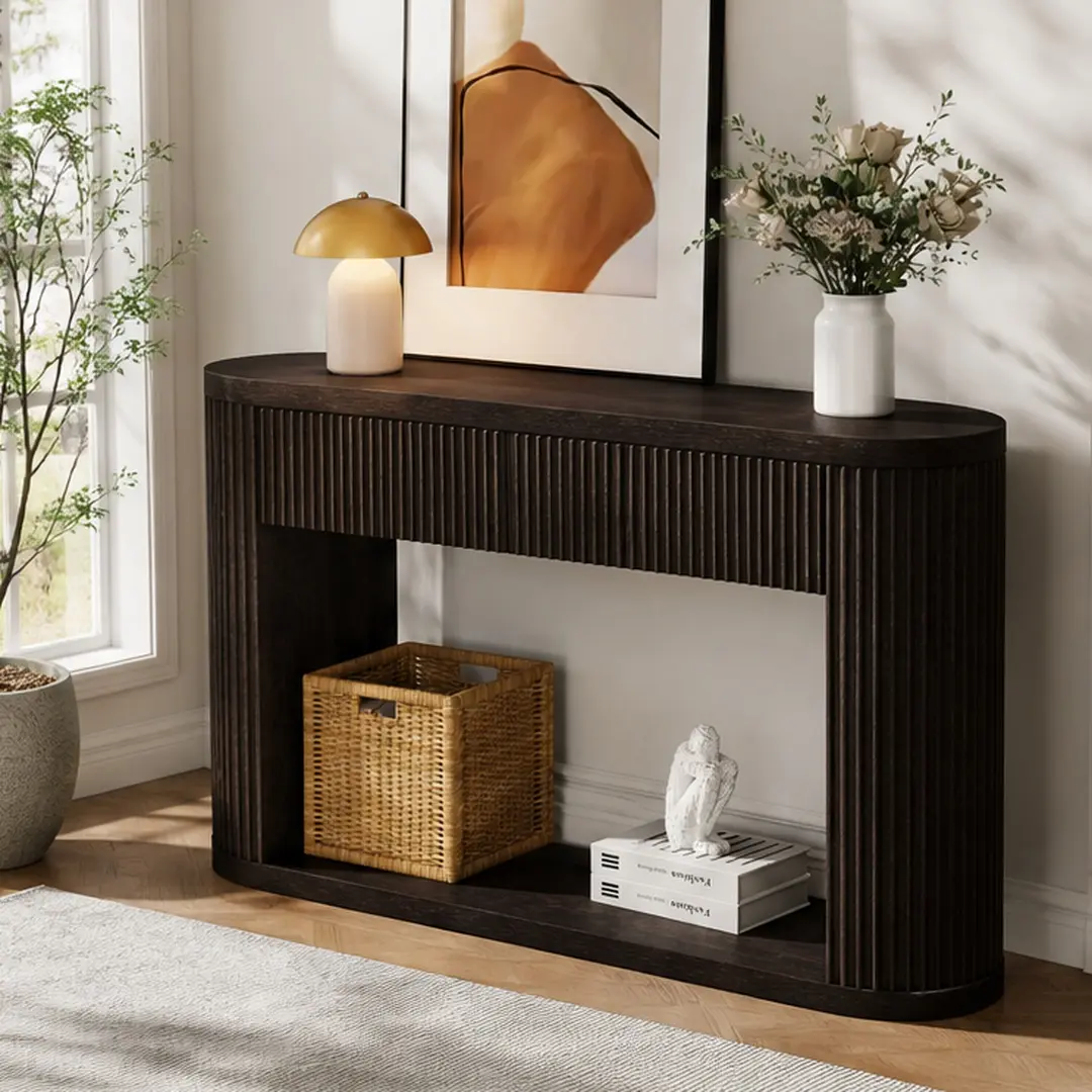 ARCH Oval Fluted Console Table with 2 Drawers and Bottom Shelf, Solid Wood+MDF Entryway Sofa Table, Espresso Finish, 53x14x30 Inches, Modern Hallway Accent Table for Living Room, Entryway, Hallway Furniture, Espresso Color Options