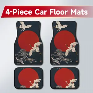 4PCS Japanese Red-Crowned Crane Car Floor Mats, Ukiyo-E Sun and Pine Pattern Wear Resistant Easy Clean Carpet Liners, Ideal Birthday & Holiday Gift for Him, Traditional Oriental Interior Decor Accessories Fit Sedan SUV Truck Van