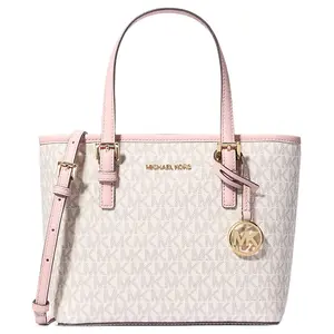 Michael Kors Jet Set Travel Logo Print Tote Bag with Gold Hardware and Coated Canvas for Women in Pink
