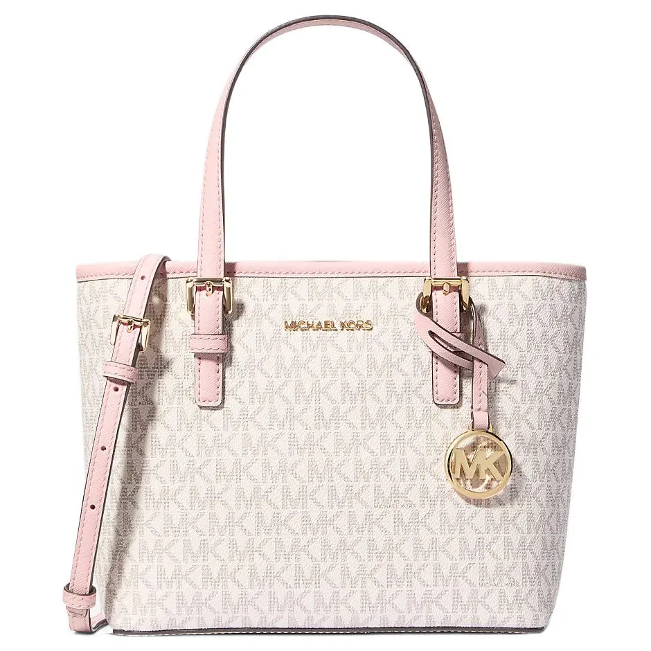 Women's Michael Kors Jet Set Travel Logo Print Coated Canvas Tote Handbag with Gold Hardware, Pink (Handbags for Women)