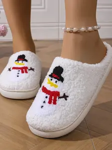 Cozy Four-Season Snowman Slippers, Soft Teddy Fleece Upper, Breathable Lined Inner Sole, Anti-Slip Rubber Bottom, Adorable Embroidered Design